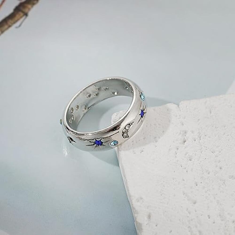NEW Sterling Silver Dainty Moon Star CZ Band Rings Stackable Eternity Size 7 - Picture 2 of 3